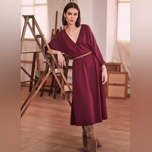 Sezane Lora Dress Midi Wrap Wine Mat Red Shimmer Size 34 US 2 Burgundy
